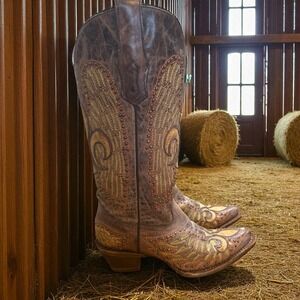 🔥Corral Brown 🤑Wing Cross 🖤Studded Embroidered‎ Cowboy Western Boot 6.5 $239